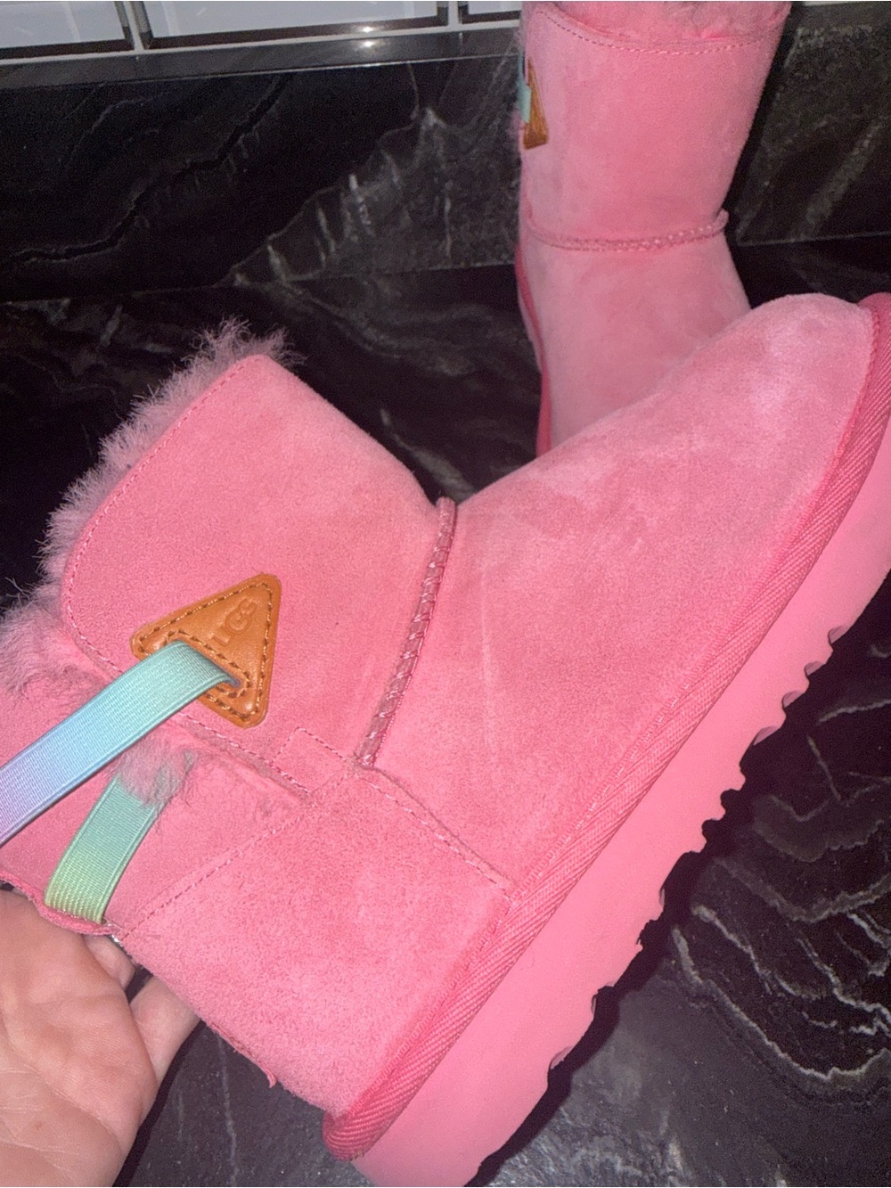 UGG Pink Suede Shearling Boots with Rainbow Elastic Tabs